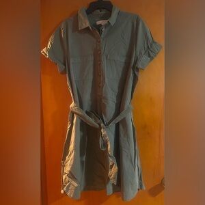 LOFT Olive and Tan Button-Up Shirt Dress